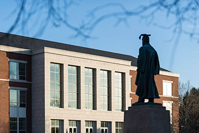 Building and statue on campus. Links to Gifts of real estate. 